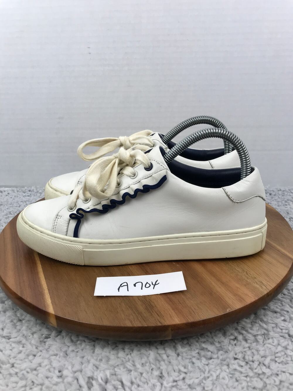 Tory Burch Womens 7.5 Sport Ruffle White Navy Leather Casual Lace Up Sneaker